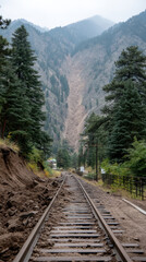Landslide blocking railway track in mountainous area, surrounded by trees