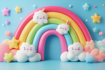 Rainbow-shaped cake with stars and clouds - a colorful and whimsical dessert, perfect for a celebration or party.