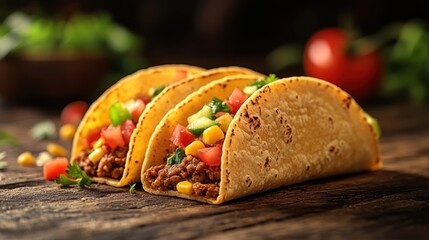 Three tacos with beef, tomatoes, corn, and vegetables on a wooden table