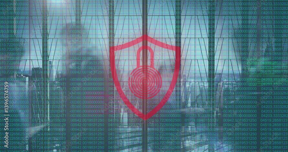 Poster digital security shield and lock animation over binary code and cityscape