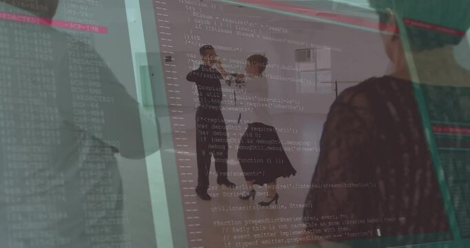 In studio, dancers practicing with animation of computer code and reflections