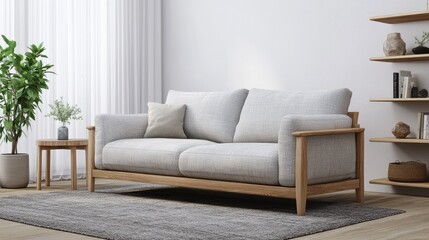 A cozy, light gray loveseat with wooden frame sits on a textured rug, complemented by plants and shelving in a bright, minimalist space