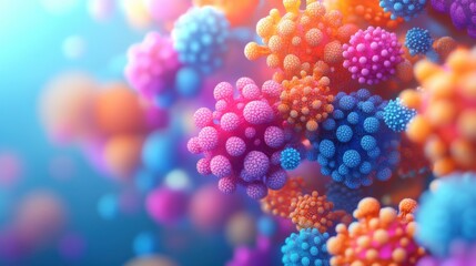 A vibrant, abstract representation of microscopic structures resembling viruses, depicted in vivid colors and intricate patterns against a soft background.