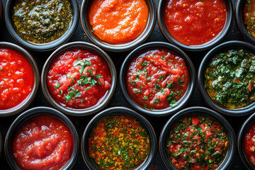 Variety of sauces in small bowls atop a wooden table.