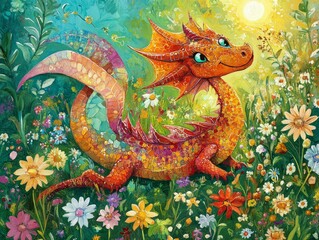 Obraz premium Cartoon dragon sits in a field of colorful flowers under a bright sun.