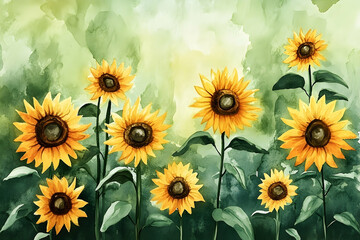 Fototapeta premium Watercolor painting of sunflowers in a lush green field.
