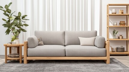 Cozy light gray sofa with wooden frame, styled with a side table, plant, and bookshelf against a striped wall. Modern, inviting living space