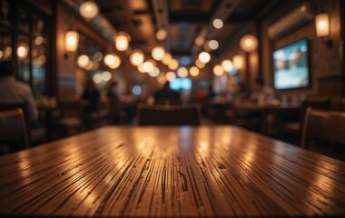 A rustic wooden table, featuring a rich grain texture, sits in the foreground, while soft, blurry lights twinkle in the background, creating a warm and inviting atmosphere.