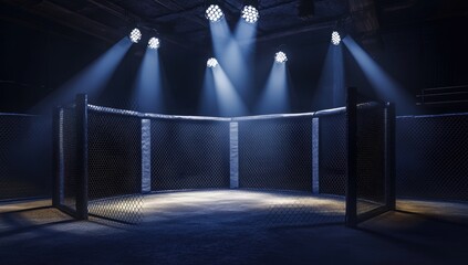 Octagon Cage Fight Arena: A Dramatic Lighting Setup in a Dark Room