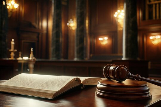 Wooden judge's gavel resting beside an open law book on a polished courtroom desk - Powered by Adobe