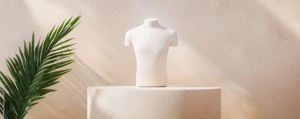 Poster a minimalistic display featuring a white mannequin on a pedestal with soft lighting and a green plan