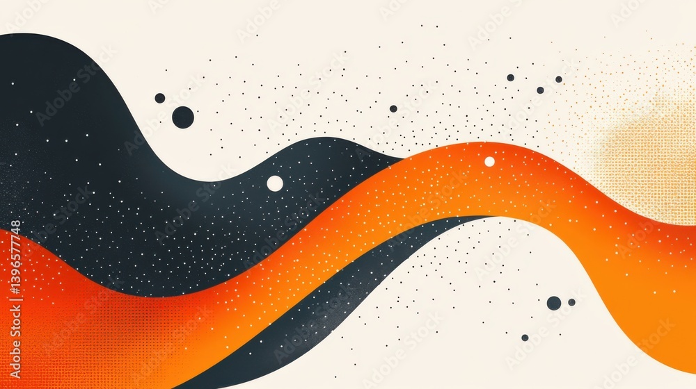 Poster abstract waves in black and orange flow across a light background, creating a dynamic and modern vis