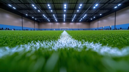 Indoor Soccer Field Perspective: A Low-Angle View of a Pristine Artificial Turf Soccer Field Under Bright Lights in a Modern Indoor Arena
