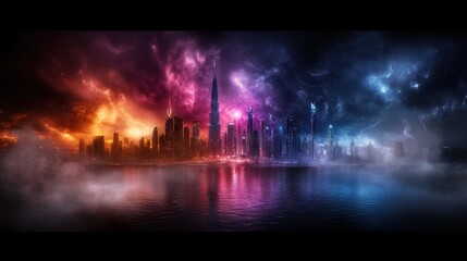 Obraz premium Futuristic Cityscape at Night Skies