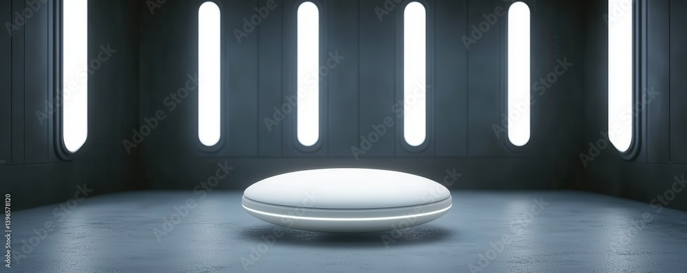 Aufkleber a sleek, futuristic platform is centered in a dimly lit room with vertical white lights and smooth c