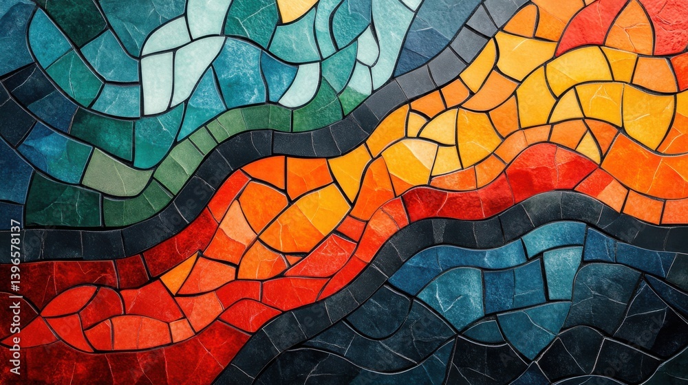 Poster a vibrant mosaic artwork featuring flowing patterns in various colors, creating a dynamic and visual
