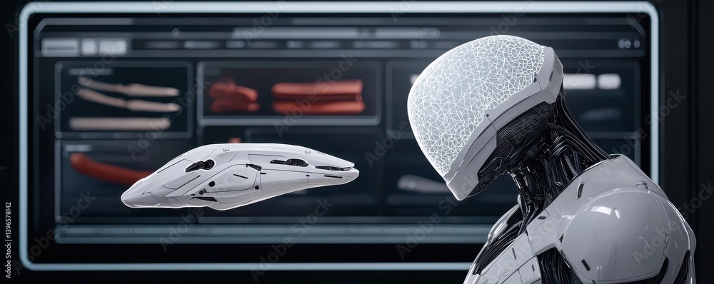 Aufkleber A futuristic robot with a high-tech design stands near a floating object, set against a digital interface displaying various components.