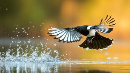 Fototapeta premium Magpie in Flight Over Water: A Stunning Display of Nature's Beauty