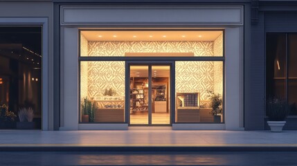 A modern storefront with large glass windows showcasing an inviting interior adorned with intricate patterns and warm lighting.