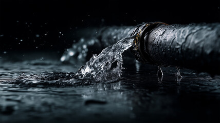 Black metal pipe with water leaking from joint onto dark surface with dramatic low-key lighting highlighting water drops and splashes against black background