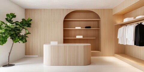 A modern retail space featuring a curved reception desk, minimalist shelving, and a decorative indoor plant, emphasizing a clean and stylish design.
