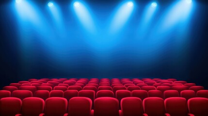 Obraz premium Empty theater with red seats illuminated by blue stage lights, creating a dramatic atmosphere