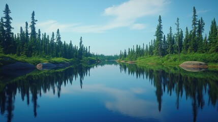 Fototapeta premium Serene boreal forest river reflection tranquil morning