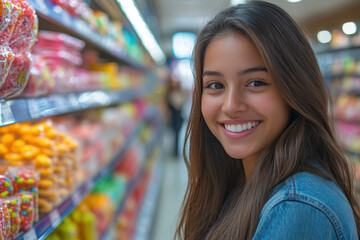 A young woman smiles at a candy shelf.