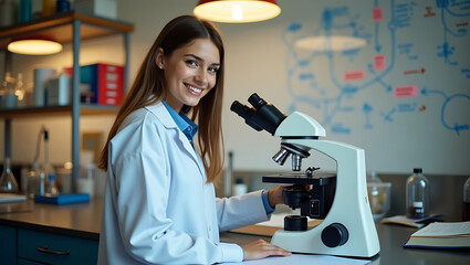 woman handling microscope
