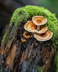 A vibrant display of mushrooms growing on a mossy tree stump, showcasing nature's intricate beauty in a tranquil environment.
