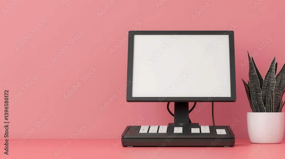 Poster a minimalist workspace featuring a computer monitor and a potted plant against a pink background.
