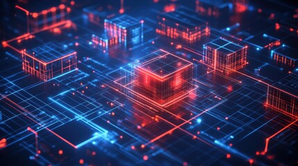 Obraz premium A vibrant digital landscape showcasing interconnected blue and red data structures, representing technology and the complexities of modern networking.