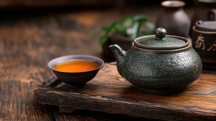 Dark Green Teapot and Bowl on Rustic Wooden Board