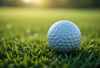 Fototapeta premium A pristine white golf ball rests on a lush, vibrant green grass surface, surrounded by blades of grass glistening with morning dew, ready for a perfect swing.
