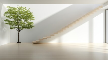 Fototapeta premium Modern Minimalist Interior Design: A Serene Space with Wooden Staircase and Green Tree