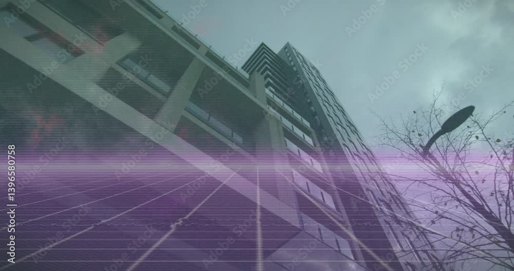 Poster digital grid and data lines overlaying urban skyscraper, creating animation effect