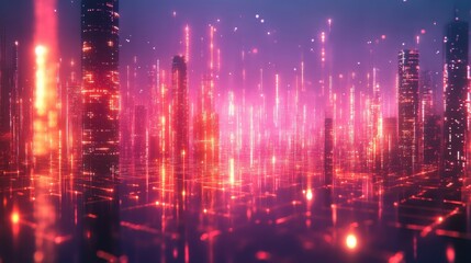 Fototapeta premium A futuristic cityscape with glowing vertical structures, surrounded by vibrant pink and orange lights, creating a digital, surreal atmosphere.
