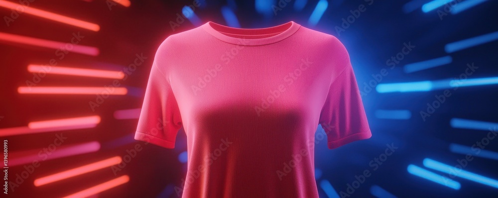 Poster a vibrant pink shirt is showcased against a dynamic background with striking red and blue light stre