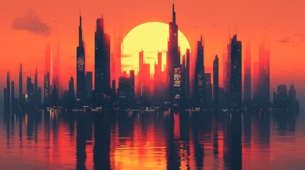 Obraz premium A vibrant sunset over a futuristic city skyline, reflecting on water, with towering skyscrapers silhouetted against an orange sky.