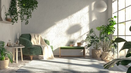 Sunlit, plant-filled interior with a cozy green armchair and textured white walls. A serene and inviting space