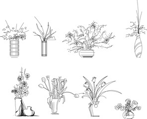 Vector silhouette design illustration sketch of ornamental plants in pots for interior decoration of rooms