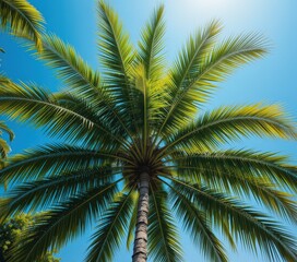 Fototapeta premium A tall, slender palm tree sways gently against a vibrant blue sky, dotted with a few fluffy white clouds, casting a playful shadow on the sandy ground below.