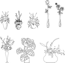 Vector silhouette design illustration sketch of ornamental plants in pots for interior decoration of rooms
