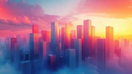 Fototapeta premium A vibrant city skyline at sunset, with tall skyscrapers emerging through colorful clouds, creating a stunning and ethereal atmosphere.