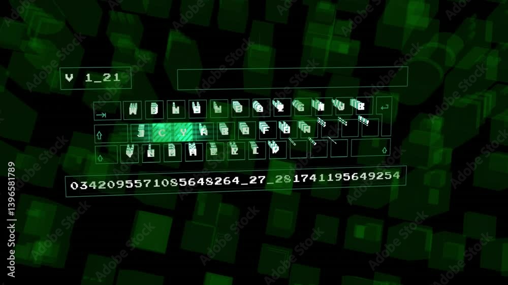 Poster digital animation with numbers and icons overlaying geometric pattern background
