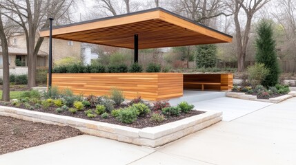 Modern outdoor wooden pavilion with seating area and landscaping (1)