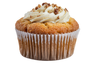 delicious cupcake with cream cheese frosting on white background