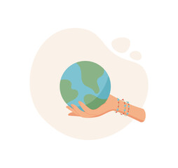 Hand holding globe. A hand gives the world symbol. Earth representation, flat design, suitable for charity and donation themes.