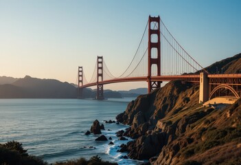 Fototapeta premium The tall bridge towers majestically over the river, its steel beams glistening in the sunlight. Lush greenery surrounds its base, while boats glide beneath, creating a picturesque scene.