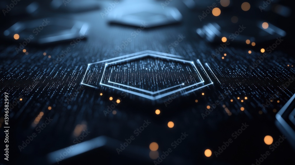 Poster a close-up of a hexagonal pattern with glowing particles, creating a futuristic and digital atmosphe